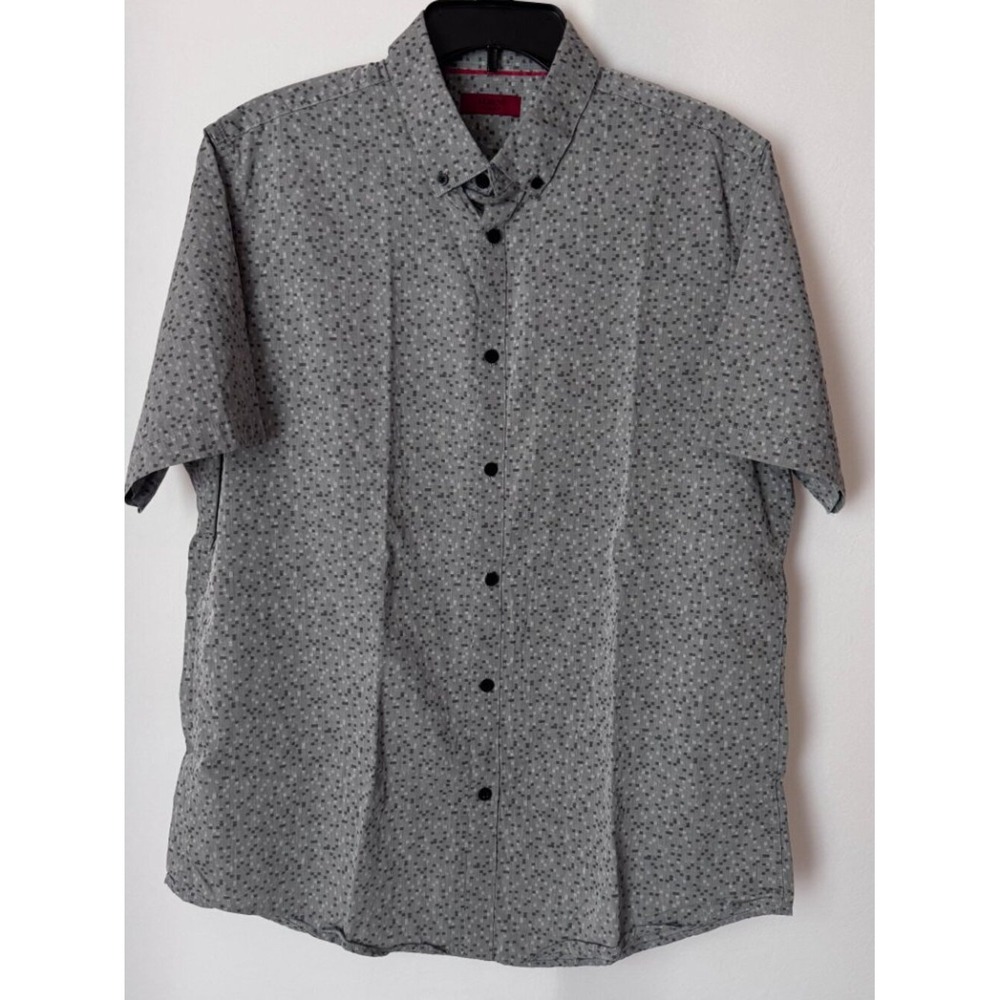 Alfani Men Gray Geometric Short Sleeve Button Down Shirt Slim Fit Size L